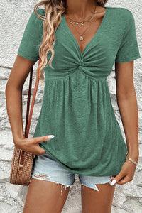 Women's Casual Green Twist Knot V-Neck Blouse - Short Sleeve Stylish Top for Everyday Comfort and Versatility