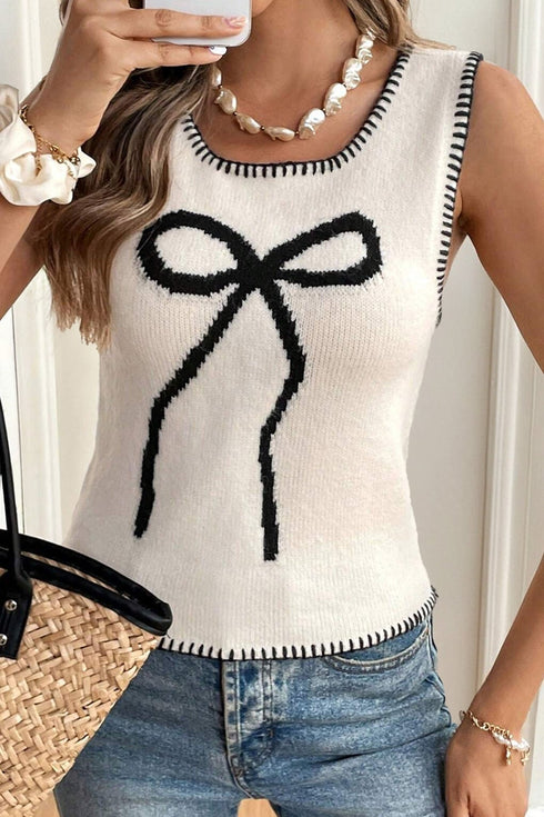 Women's Casual Knit Vest with Round Neck, Bow Detail, and Contrast Trim in Jet Stream Color