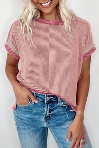 Women's Casual Light Pink Textured Round Neck T-Shirt with Contrast Trim - Stylish Everyday Fit for Effortless Style