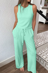 Women's Casual Moonlight Jade Two-Piece Set with Drawstring Waist - Trendy Solid Color Lounge Outfit for Everyday Wear