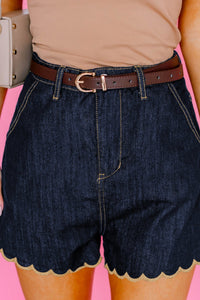 Women's Casual Navy Blue Relaxed Fit Denim Shorts with Embroidered Scalloped Trim for Summer Outings