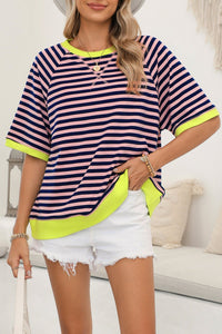 Women's Pink Striped Oversized Tee with Contrast Ribbed Trim