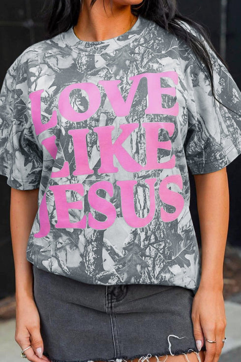 Women's Casual Pink Camo Graphic Tee - "Love Like Jesus" Comfortable T-Shirt for Everyday Style