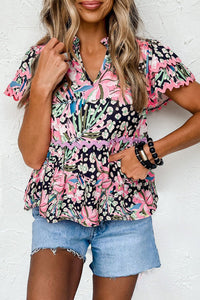 Women's Casual Pink Floral Tiered Blouse with Ricrac Trim - Short Sleeve Summer Top for Effortless Chic