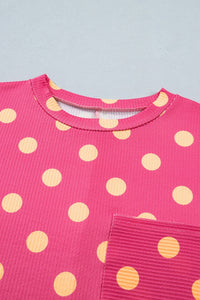 Pink Polka Dot Round Neck Drop Shoulder Patch Pocket Jacquard Texture Top