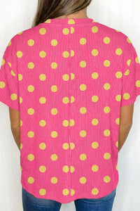 Pink Polka Dot Round Neck Drop Shoulder Patch Pocket Jacquard Texture Top