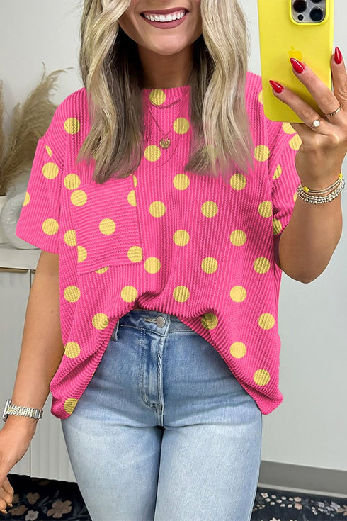 Women's Casual Pink Polka Dot Jacquard Top with Round Neck, Drop Shoulders, and Functional Patch Pockets