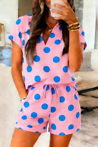 Women's Casual Pink Polka Dot V-Neck Tee and Shorts Set - Comfy Summer Outfit for Everyday Style and Relaxation