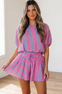 Women's Casual Pink Stripe Dolman Blouse with Drawstring Waist - Loose Fit Short Summer Outfit for Effortless Style