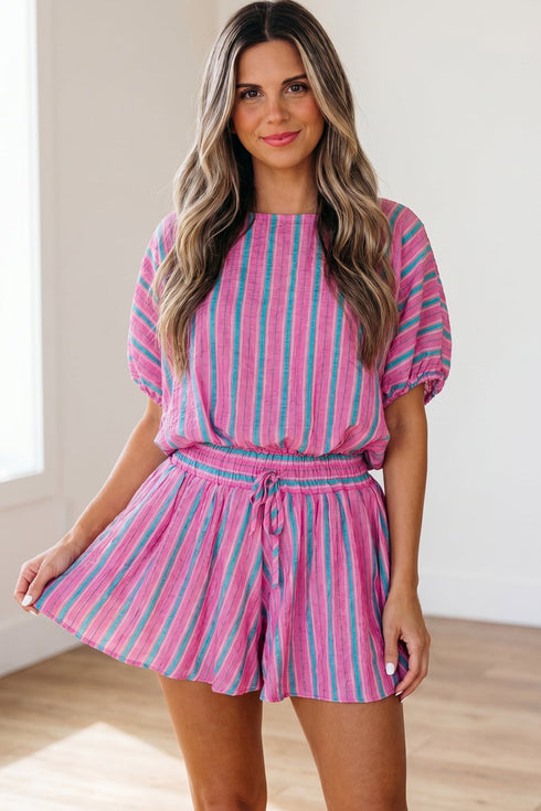 Women's Casual Pink Stripe Dolman Blouse with Drawstring Waist - Loose Fit Short Summer Outfit for Effortless Style