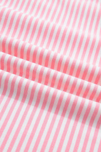 Pink Stripe Cuffed Sleeve Contrast Mock Neck Tee Casual 2pcs Short Set
