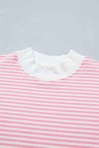 Pink Stripe Cuffed Sleeve Contrast Mock Neck Tee Casual 2pcs Short Set
