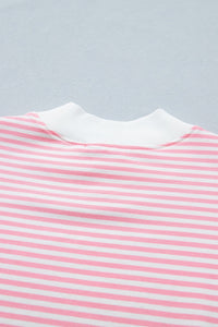 Pink Stripe Cuffed Sleeve Contrast Mock Neck Tee Casual 2pcs Short Set