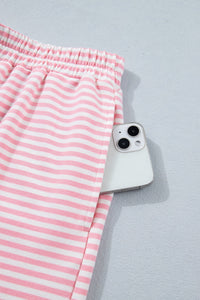 Pink Stripe Cuffed Sleeve Contrast Mock Neck Tee Casual 2pcs Short Set