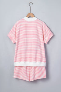 Pink Stripe Cuffed Sleeve Contrast Mock Neck Tee Casual 2pcs Short Set