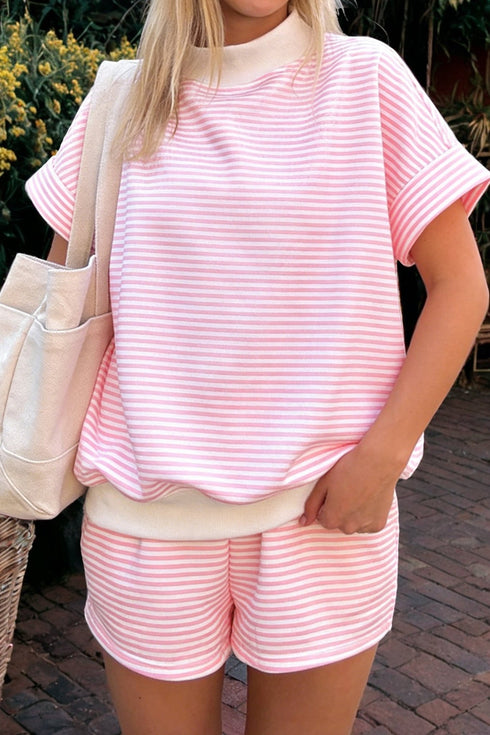 Women's Casual Pink Stripe Mock Neck Tee and Cuffed Sleeve Short Set - Trendy Summer Outfit for Chic Comfort