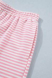 Pink Stripe Cuffed Sleeve Contrast Mock Neck Tee Casual 2pcs Short Set