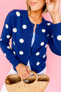 Women's Casual Polka Dot Long Sleeve Cardigan Sweater in Blue