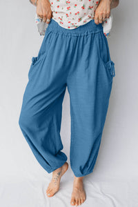 Prussian Blue Smocked Waist Casual Jogger Style Pants