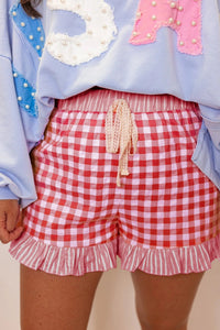 Women's Casual Red Gingham Ruffle Shorts with Striped Lace Tie - Perfect Summer Essential for Effortless Style