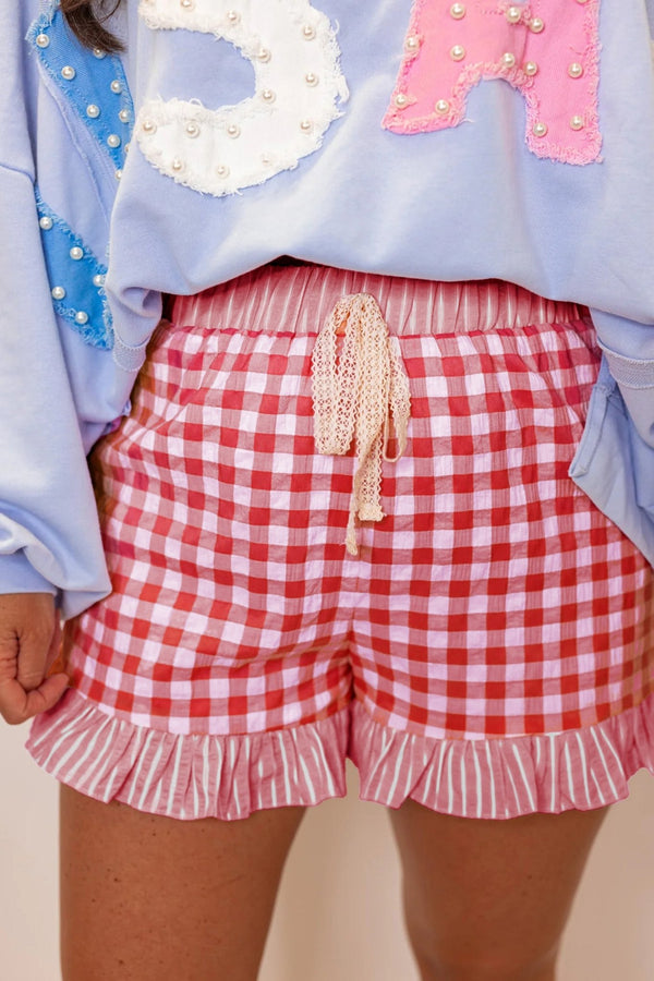 Women's Casual Red Gingham Ruffle Shorts with Striped Lace Tie - Perfect Summer Essential for Effortless Style