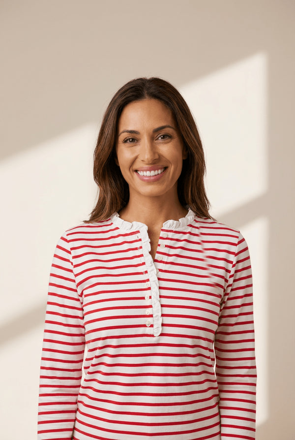 Women's Casual Red Striped Long Sleeve Top with Frilled Trim and Half Button Detail - Trendy Comfortable Fit