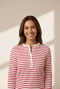 Women's Casual Red Striped Long Sleeve Top with Frilled Trim and Half Button Detail - Trendy Comfortable Fit