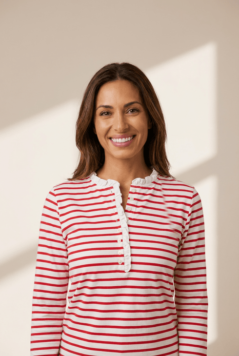 Women's Casual Red Striped Long Sleeve Top with Frilled Trim and Half Button Detail - Trendy Comfortable Fit