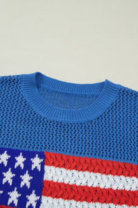 Sky Blue Flag Graphic Short Sleeve Sweater Top