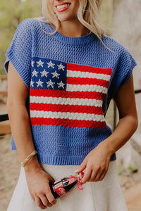 Women's Casual Sky Blue Graphic Sweater Top with Short Sleeves - Effortless Summer Style for Everyday Comfort