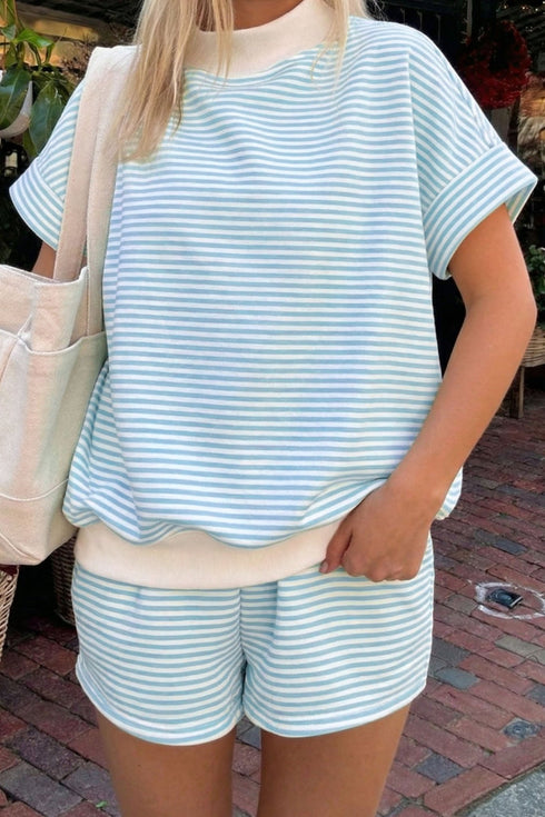 Women's Casual Sky Blue Striped Cuffed Sleeve Mock Neck Tee and Shorts Set - Effortless Summer Style Outfit