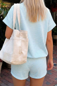Sky Blue Stripe Cuffed Sleeve Contrast Mock Neck Tee Casual 2pcs Short Set