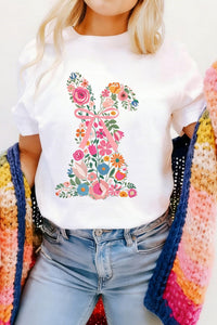 Women's Casual Spring Floral Bunny Graphic Tee in White - Ideal for Easter Celebrations and Everyday Comfort