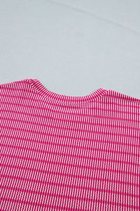 Rose Stripe Raised Rib Loose Tee Drawstring Elastic Waist 2pcs Short Set