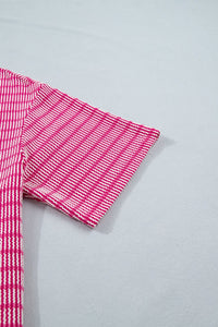 Rose Stripe Raised Rib Loose Tee Drawstring Elastic Waist 2pcs Short Set