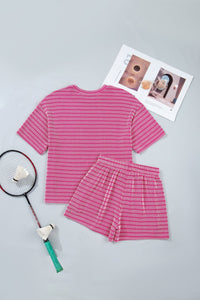 Rose Stripe Raised Rib Loose Tee Drawstring Elastic Waist 2pcs Short Set