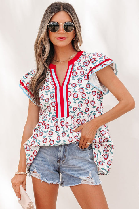Women's Casual Summer Blouse - Red Sunflower Print V-Neck with Flutter Sleeves & Contrast Trim for Effortless Style