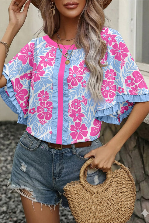 Women's Casual Summer Blouse - Ruffled Rose Floral Print with Color Block Trim & Half Sleeves for Effortless Style