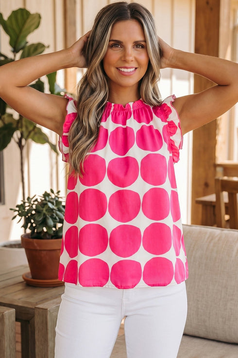 Women's Casual Summer Blouse - Stylish Rose Polka Dot Frill Tank Top with Round Neck for Effortless Everyday Looks