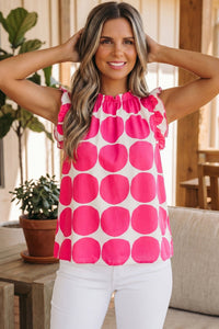 Women's Casual Summer Blouse - Stylish Rose Polka Dot Frill Tank Top with Round Neck for Effortless Everyday Looks