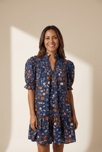 Women's Casual Summer Blue Floral Mini Dress with Split Neck, Puff Sleeves, and Wild Daisy Print for Effortless Style