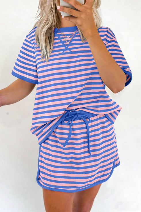 Women's Casual Summer Blue Striped Loose-Fit Short Sleeve Top and Matching Skirt Set for Effortless Style