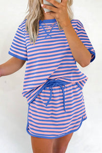 Women's Casual Summer Blue Striped Loose-Fit Short Sleeve Top and Matching Skirt Set for Effortless Style