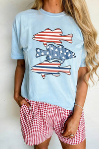 
Women's Casual Summer Light Blue Relaxed Fit Graphic T-Shirt with Patriotic Fish Print for Effortless Style