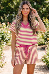 Women's Casual Summer Outfit: Pink Stripe Colorblock V-Neck Tee & Drawstring Elastic Waist Shorts Set
