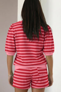 Red Stripe Puff Short Sleeve T Shirt Matching Shorts Set