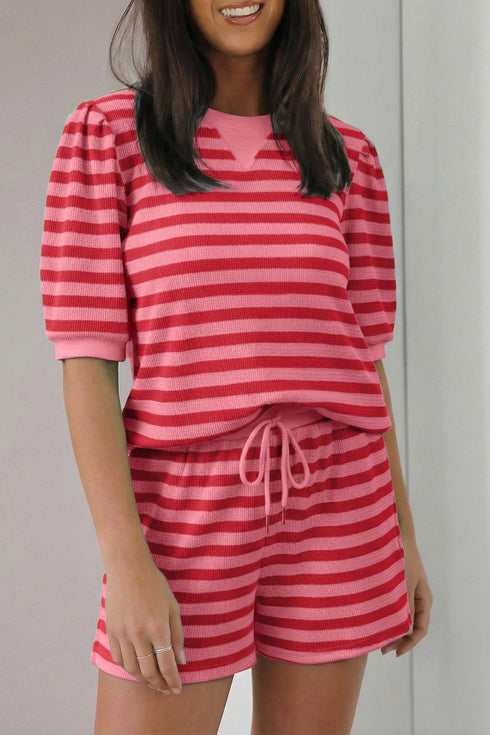 women's casual summer outfit: red stripe puff sleeve t-shirt and shorts set for effortless style and comfort with practical styling and dependable