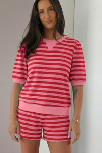 Red Stripe Puff Short Sleeve T Shirt Matching Shorts Set