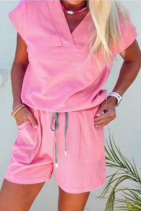 women's casual summer outfit: sachet pink v-neck short sleeve top and drawstring shorts 2-piece set for effortless style with practical styling and
