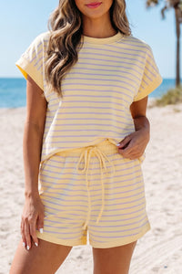 Women's Casual Summer Outfit: Yellow Stripe Relaxed Tee & Drawstring Shorts Set for Effortless Comfort and Style